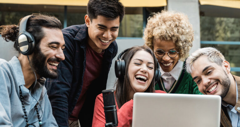 How to promote a podcast: image of a group of people participating in a podcast