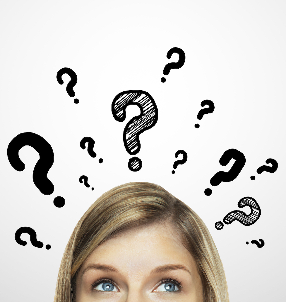 Great voice overs: image of woman with question marks above her head
