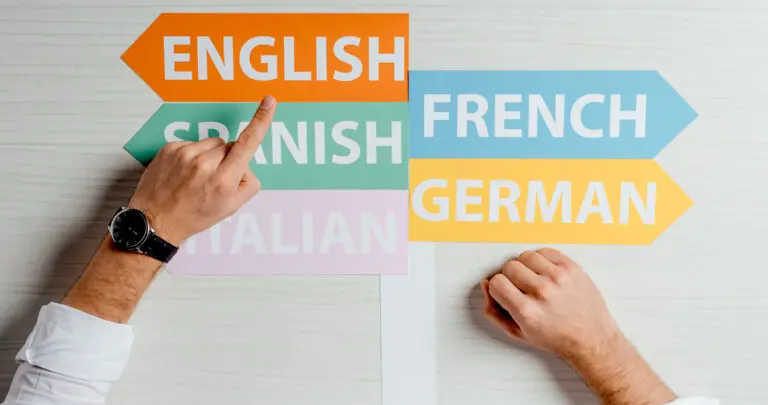 cropped view of translator pointing at arrows with languages